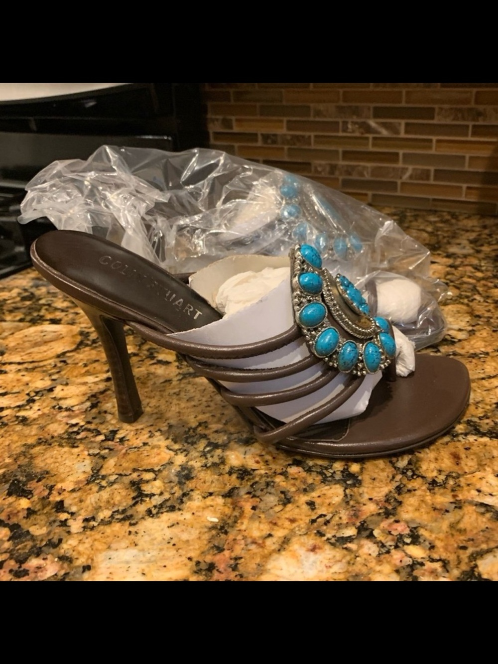 Colin Stuart Brown Leather Heeled Mule with Turquoise Stone Accent